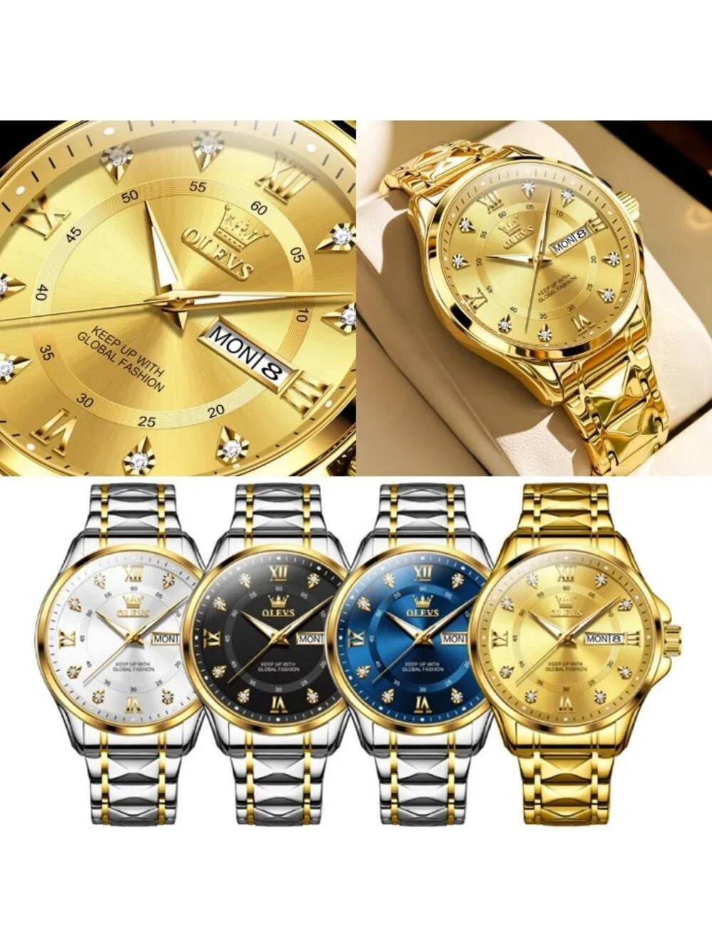 Olevs Men's Gold Stainless Steel Analog Quartz Waterproof Luminous Wrist Watch